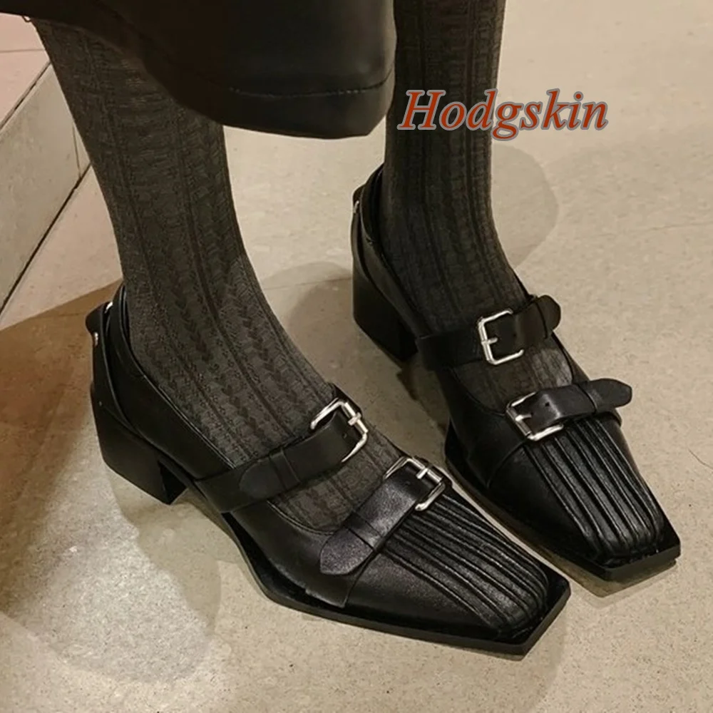 

Straight Buckle Strap Metal Pumps Shallow Square Toe Chunky Heel Hollow Women Pumps 2025 Newest Fashion Casual Spring Pumps