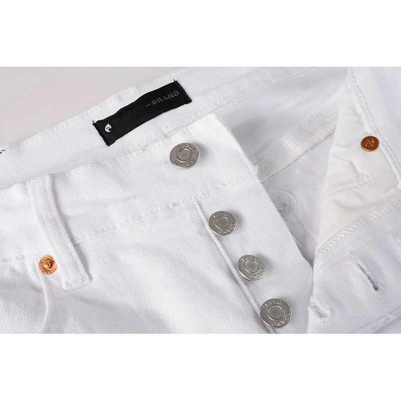 Amerikaanse streetwear witte noodlijdende skinny button fly blanco gescheurde jeansbroek voor heren