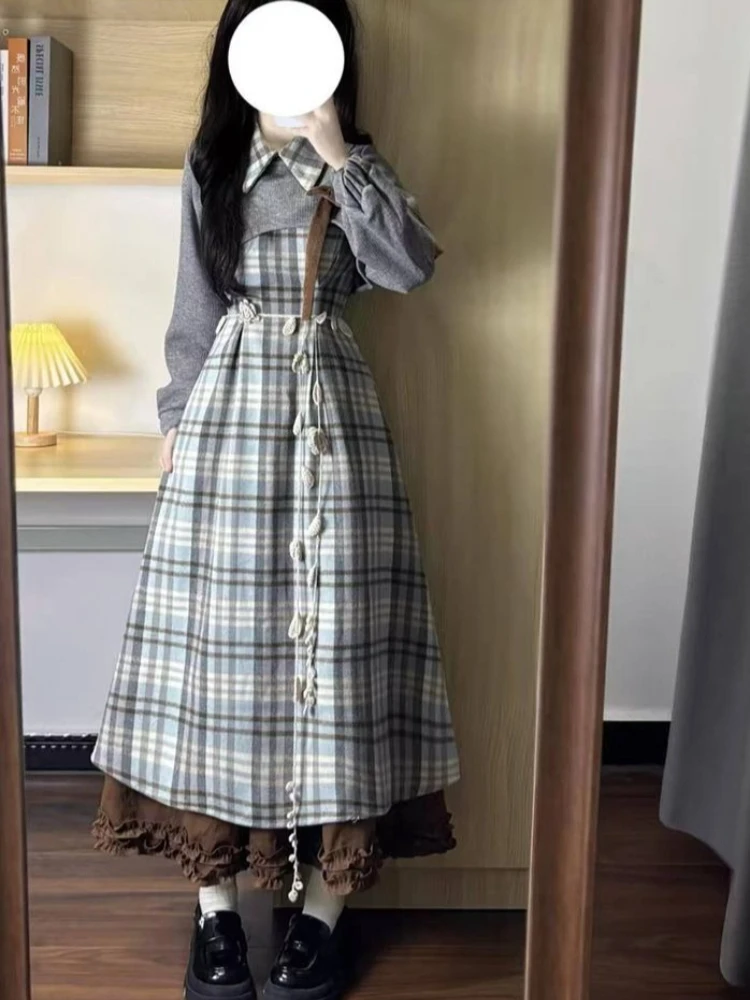 French Vintage Elegant 2 Piece Set Women Y2k Plaid Design Dress + Long Sleeve Tops Harajuku Casual Retro Korean Popular Clothes image 4