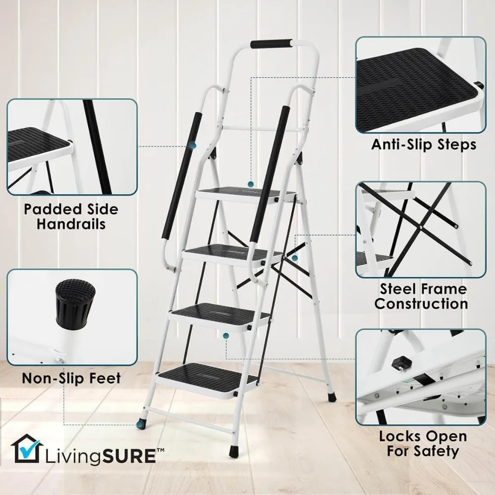 Escalera de seguridad plegable de 4 escalones - Acero resistente, peldaños antideslizantes, pasamanos acolchados - Diseño que ahorra espacio - Perfecta para interiores a