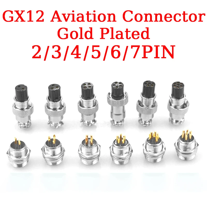 

5/20/100Set GX12 Gold Nut Type Male & Female Electric Wire Panel Connector 2/3/4/5/6/7 Pin 12mm Circular Power Aviation Plug