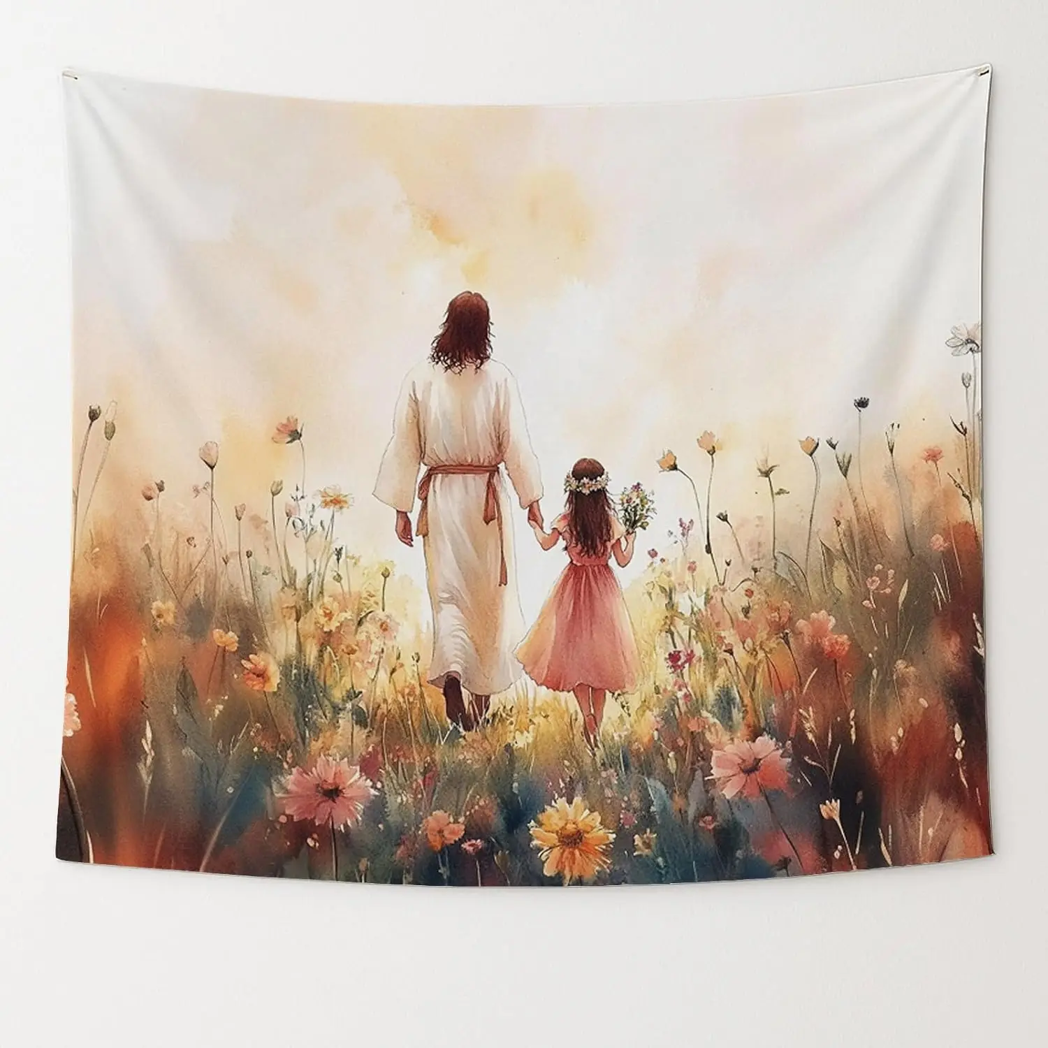 Aesthetic Faith Scenery Tapestry, Warm Sunlight Floral Meadow Watercolor Wall Cloth, Serene Backdrop For Bedroom Dorm Home