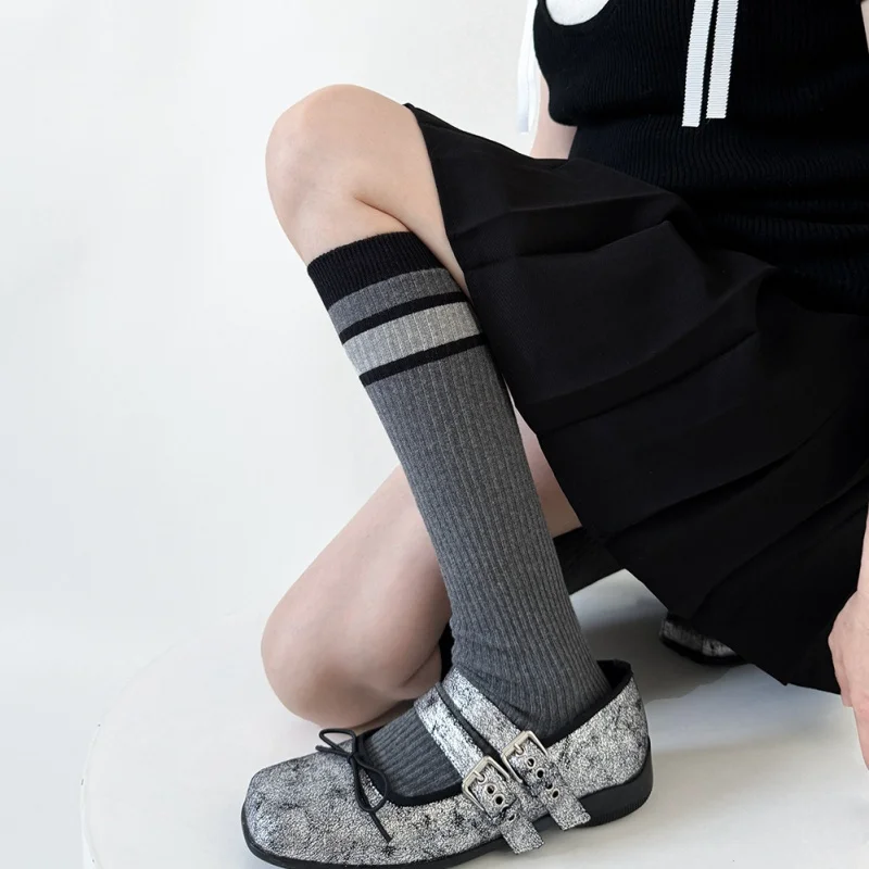 

Весенние и осенние длинные носки в рубчик с цветными блоками, японские ретро-носки с напуском в вертикальную полоску, женские модные хлопковые носки