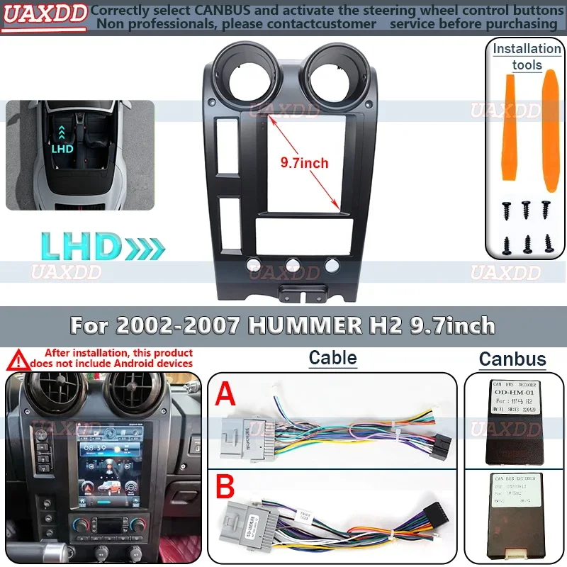 FOR Tesla 2002-2007 HUMMER H2 9.7INCH VERTICAL SCREEN 2 Din Car Android frame cable harness adapter player multimedia canbus box