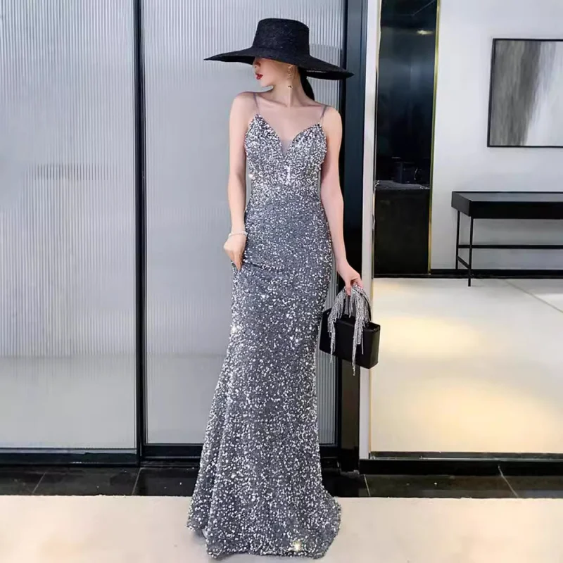 

Evening Women's Colorful Sequin New Temperament Banquet Fishtail Strap Host Sexy Dress Light Luxury