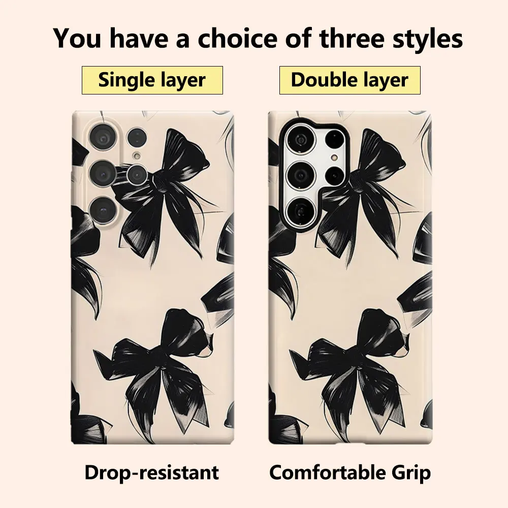 Black Bows on Beige Phone Case for Samsung Galaxy S26 S25 Ultra S24 S23 Ultra Plus Shockproof Double layer tough Back Cover