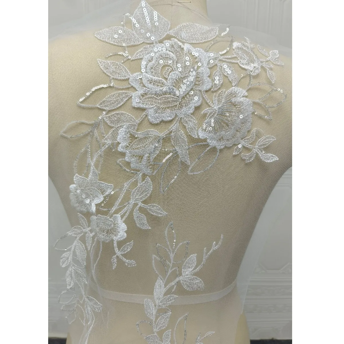 shimmer Sequin Plain Embroidered Floral Flower Lace Patches Bridal Wedding Dress Lace Medallion Flowery Pairs