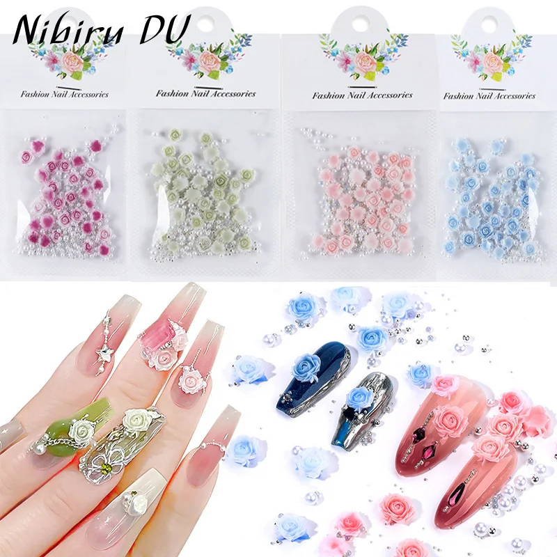 30 Stück Nagel-Charms, rosa 3D-Blumen-Rosen, Blumen-Charms für Nageldekoration, weiße Perlen für Maniküre, DIY, Nagelkunst-Strasssteine