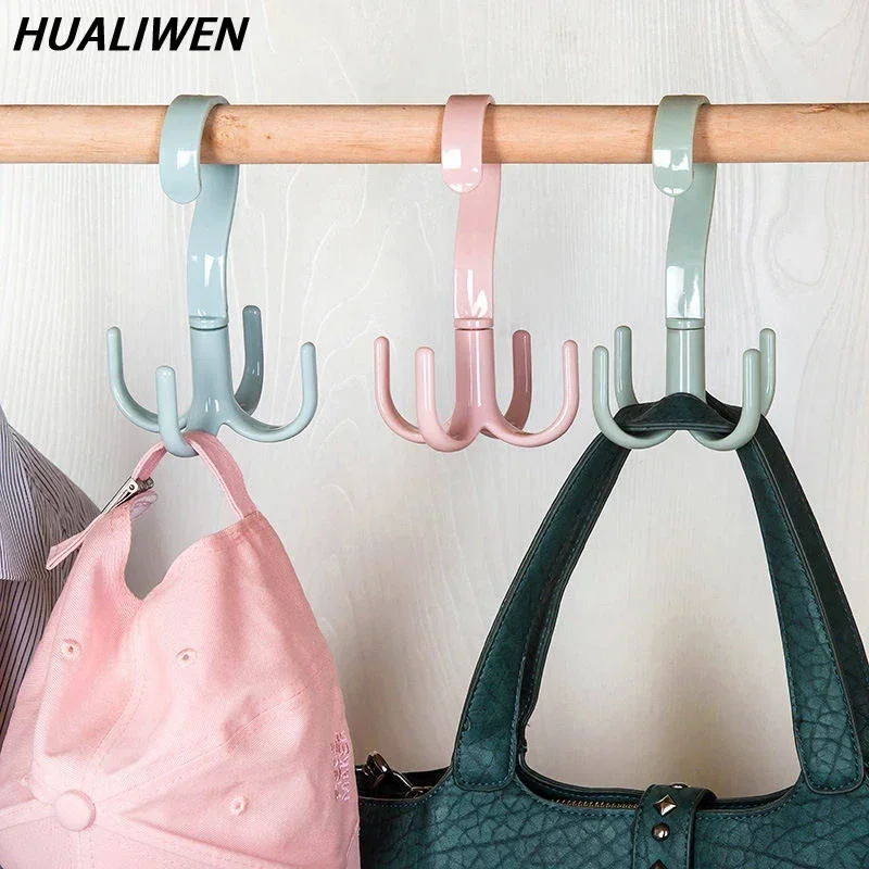 Rotating four claw hook multifunctional wardrobe bag hook household nail free plastic tie hook storage hook