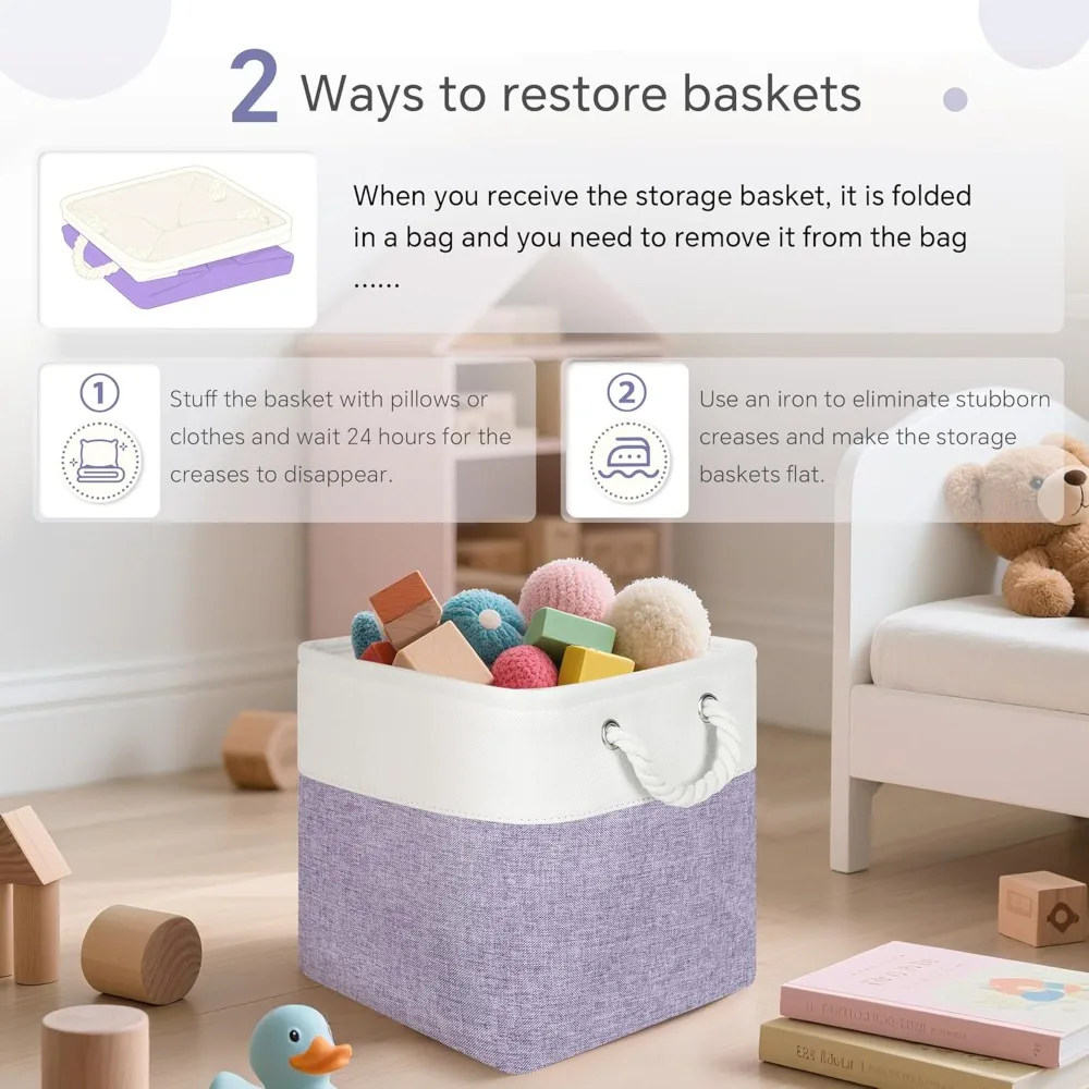 กล่องเก็บของขนาด 11x11 นิ้ว พร้อมหูหิ้วผ้าฝ้าย สำหรับจัดระเบียบเสื้อผ้า ของเล่น และผ้าขนหนู - สีขาวและสีม่วง ชุด 6 ชิ้น