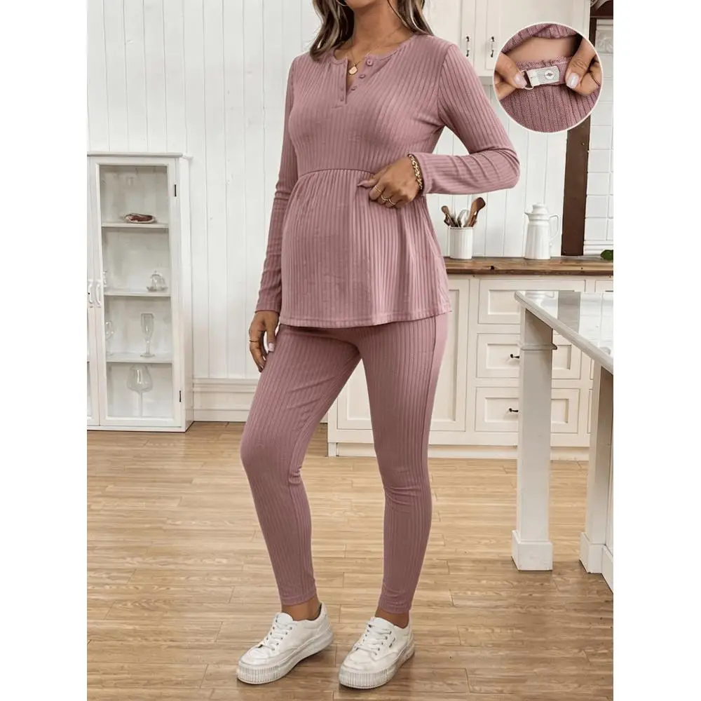 2-piece set, maternity knitted trousers top set, autumn and winter long-sleeved women's home leisure, daily comfortable maternity wear