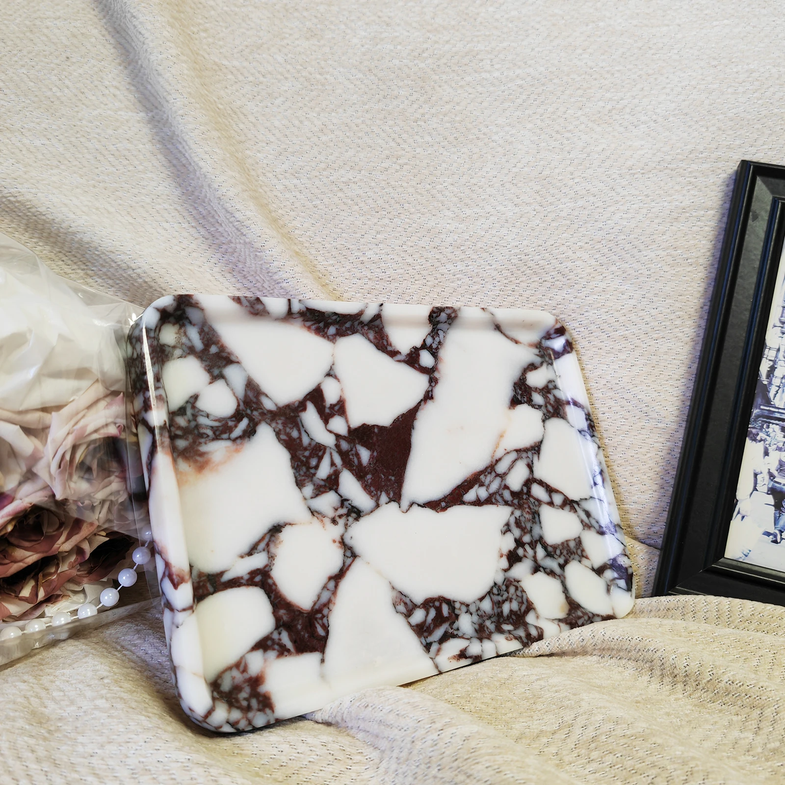 صينية رخامية، صواني حجرية طبيعية 100% للزينة، الحمام، المطبخ، العطور، مستحضرات التجميل، القهوة، طبق المجوهرات المستطيل