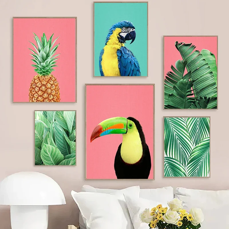 （2D Canvas painting） Scandinavian Home Decor Cuadros Poster and Print Pineapple Bird Canvas Painting Parrot Flamingo Modular