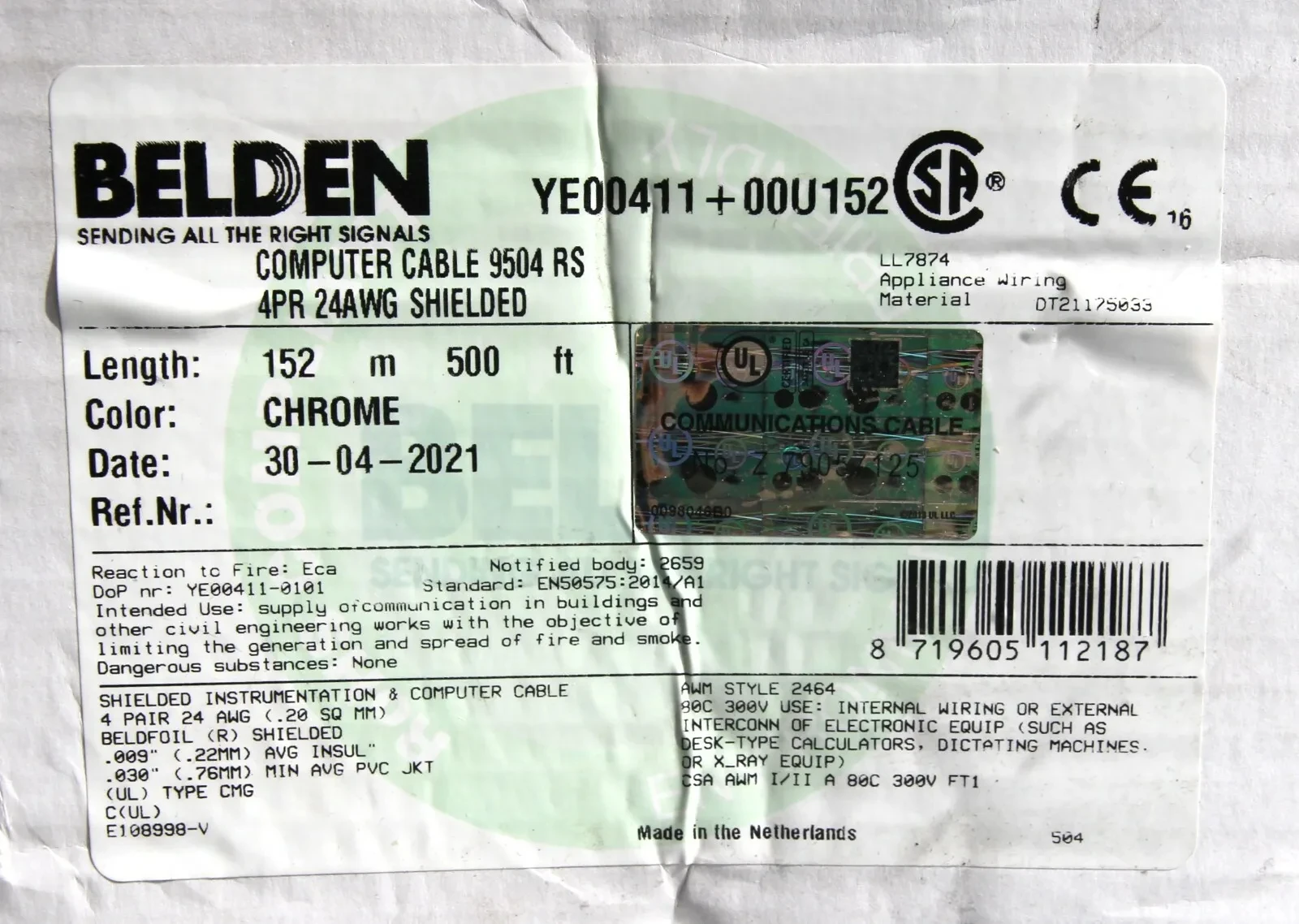 Belden 9504 24 AWG 4 Pair Overall Foil Shield Tinned Copper Computer Cable