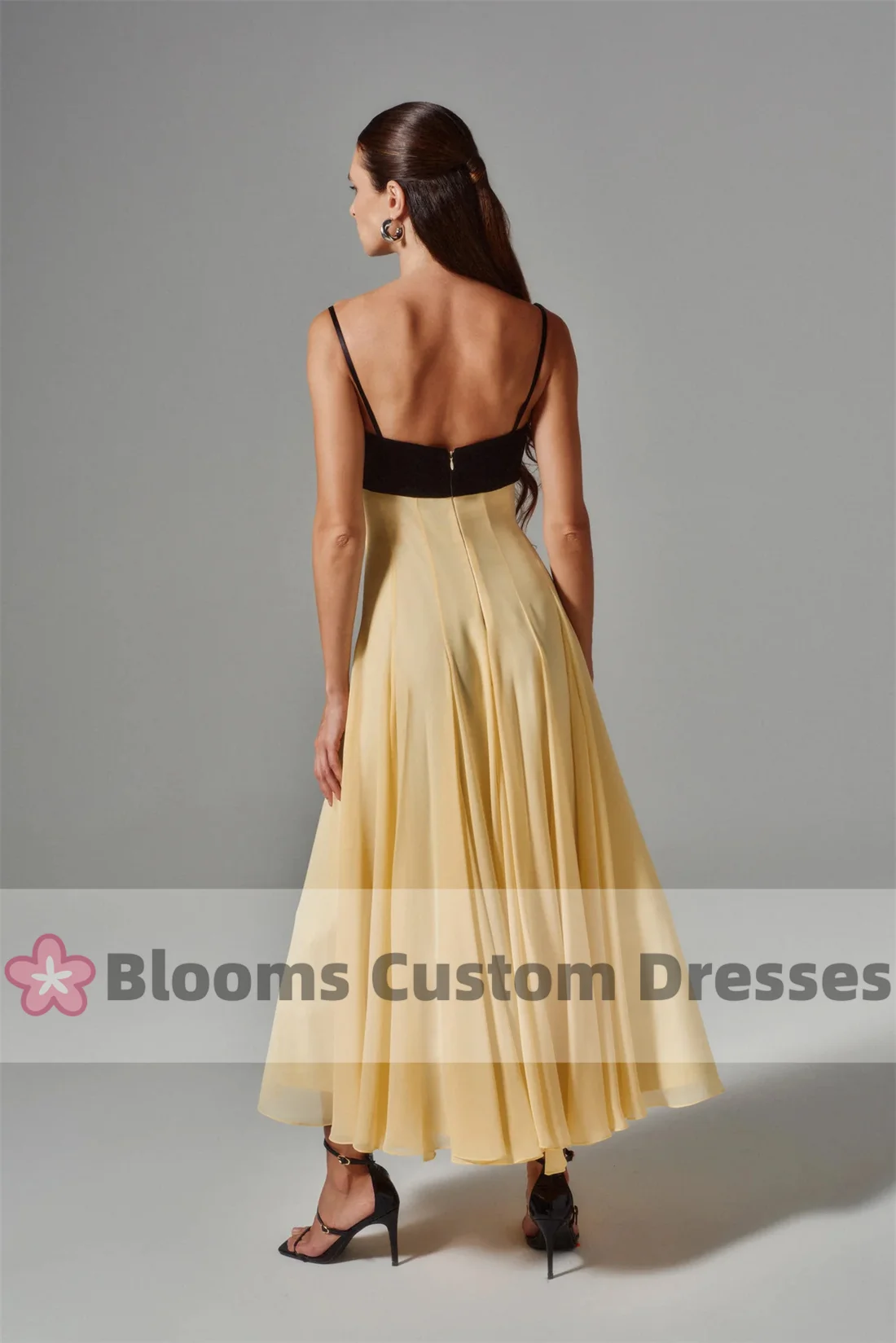 Blooms Customized Spaghetti Strap Floral Beads A-Line Prom Dresses Sleeveless Midi Dress Chiffon Party Gown Evening Dress