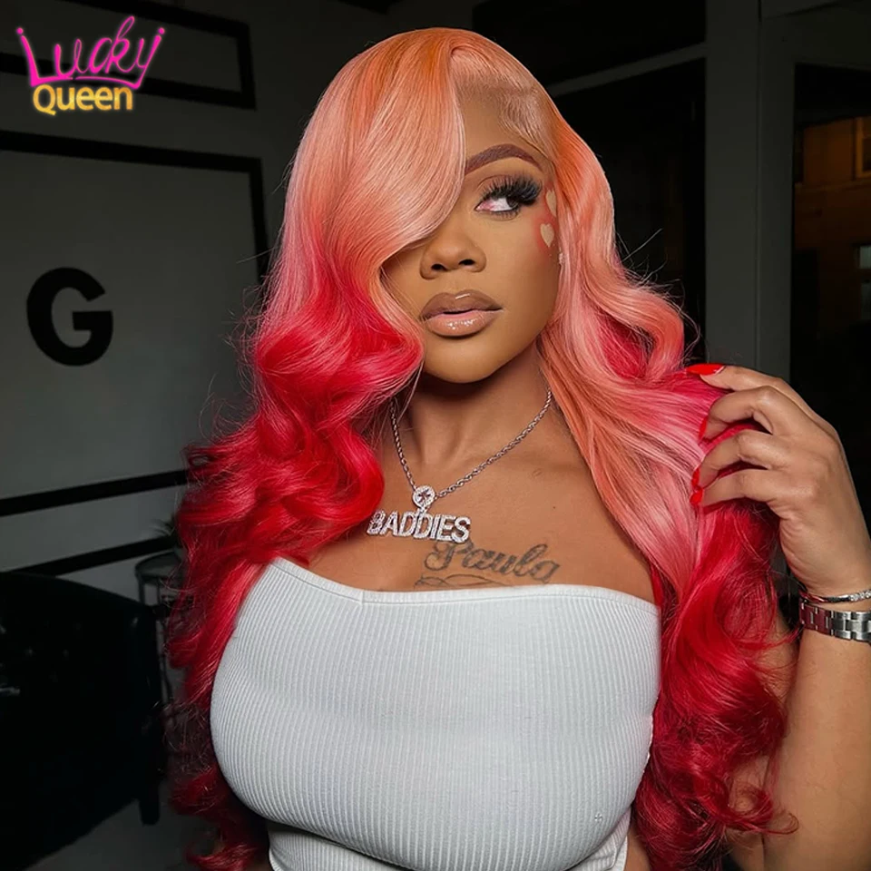 

13X6 Body Wave Light Pink Red Ombre 180 Density 613 Colorful Wigs Pre Plucked Transparent Lace Frontal 13X4 For Women Human Hair
