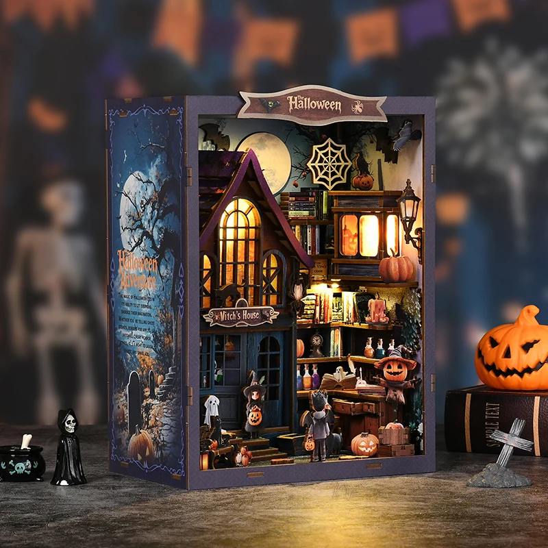 DIY Buchecke Holz Miniatur Modellbausätze Helloween Castle Wonderful Night Buchstütze 3D Puzzle Bücherregal für Freunde Geburtstagsgeschenk