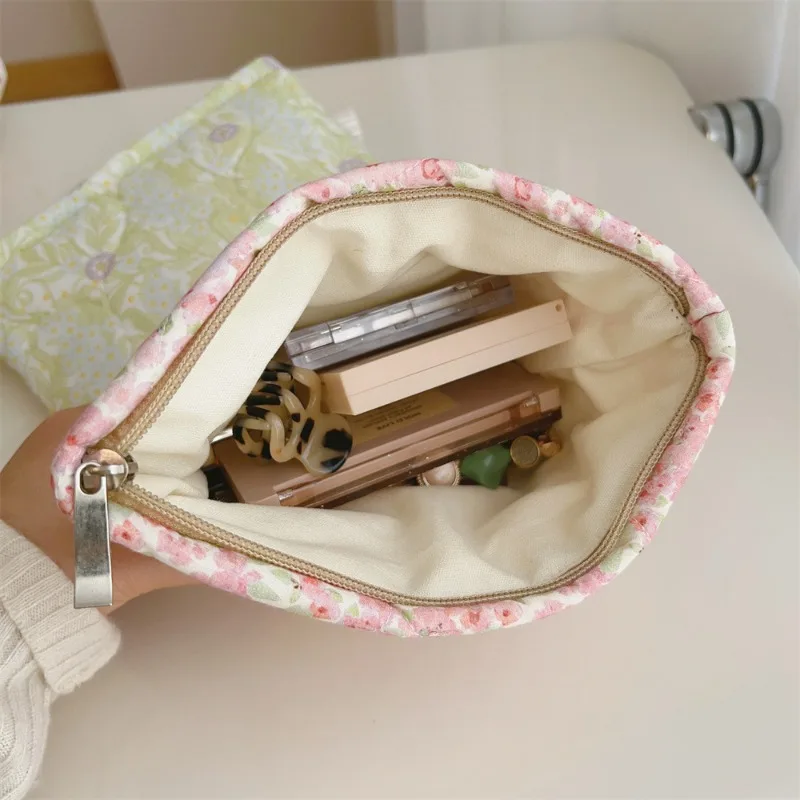 Square Flower Zipper Canvas Makeup Toiletries Organizer Bags Small Cotton Bath Washing Cosmetic Bag Mobile Phone Storage Bag