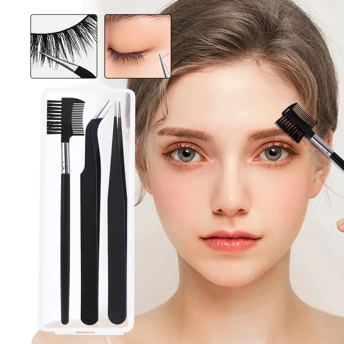 4-teilige Augenbrauenpinzette mit Aufbewahrungsbox, Beauty-Pfropfen von Wimpern und Kämmen, täglicher Gebrauch