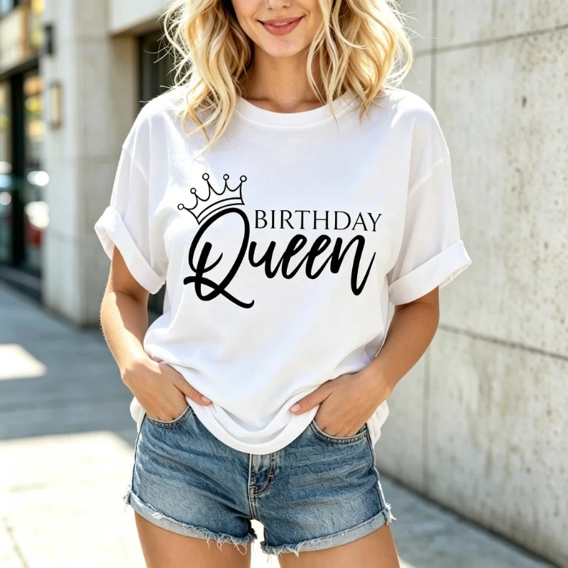 Birthday Queen Graphic Tee Women Black Crown Script Art Short Sleeve Crewneck Casual Birthday Party White T Shirt Tops