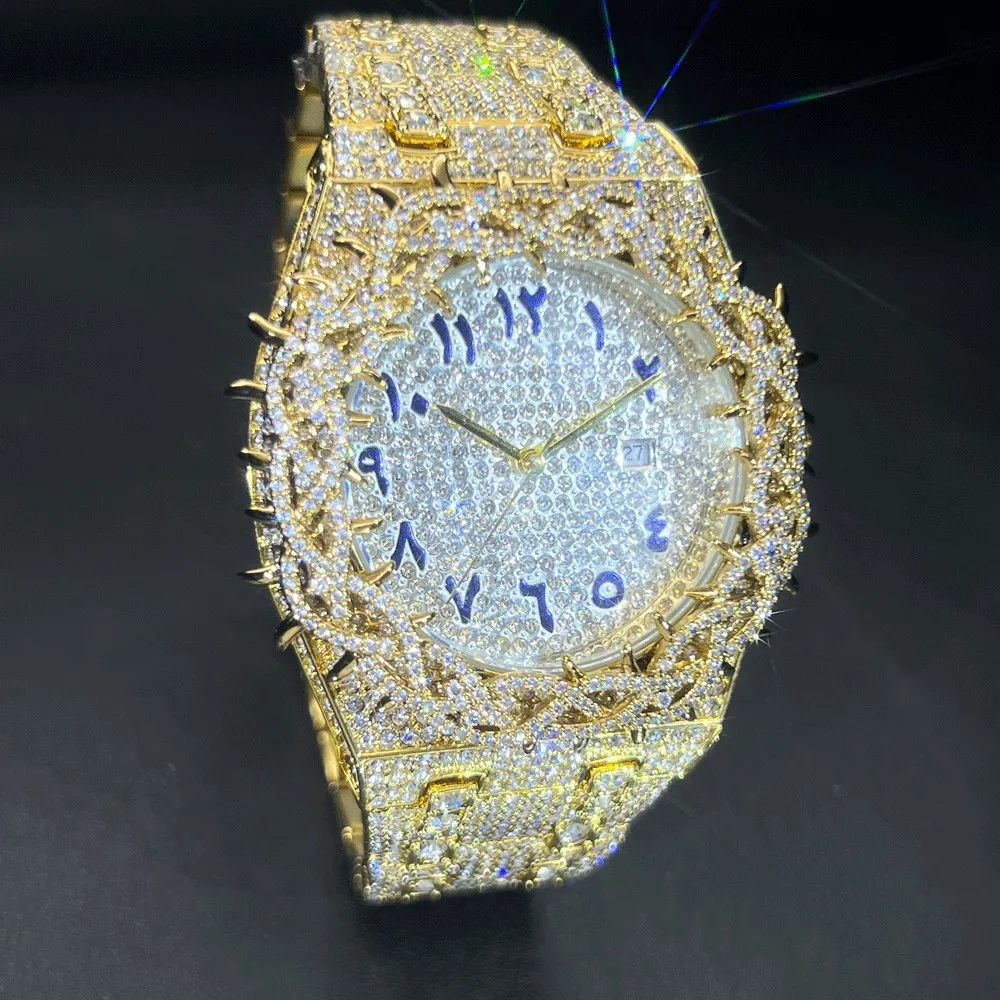 Missfox Gold Watch For Men Full Diamond Hip Hop lced Out Men's Watch Blue Number Calendar Waterproof Octagonal Luxury Wristwatch