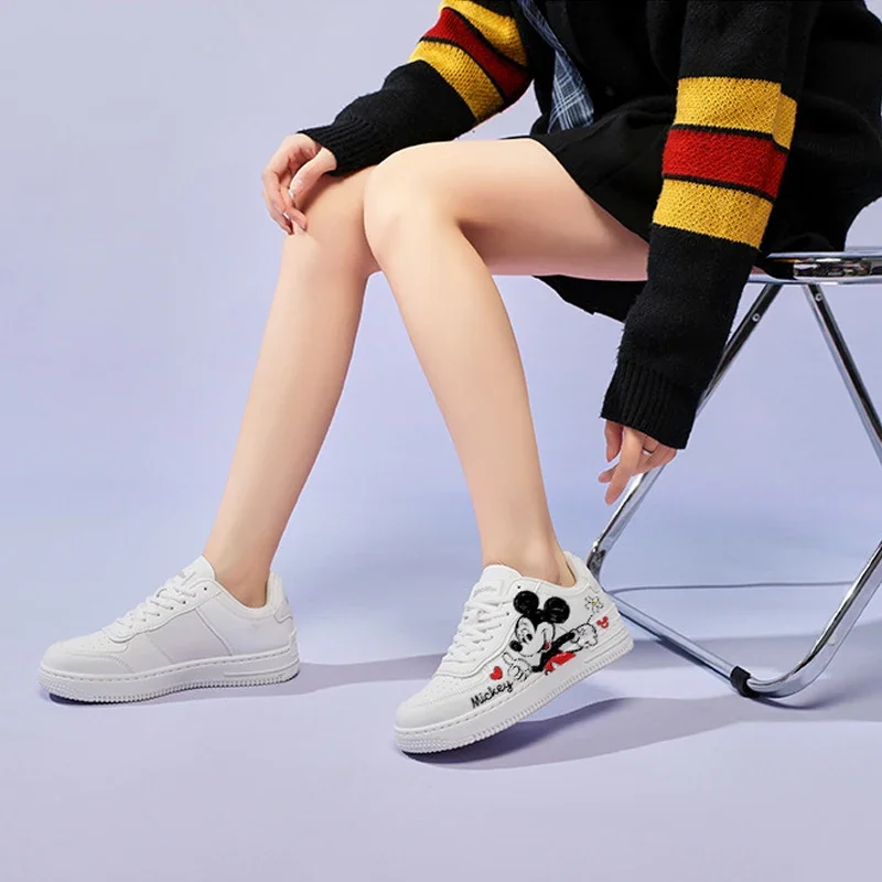 Disney Mickey Fashion White Leather Women Sneakers Shoes Lace Up Tenis Feminino Zapatos De Mujer Platform Women Casual Shoe Gift