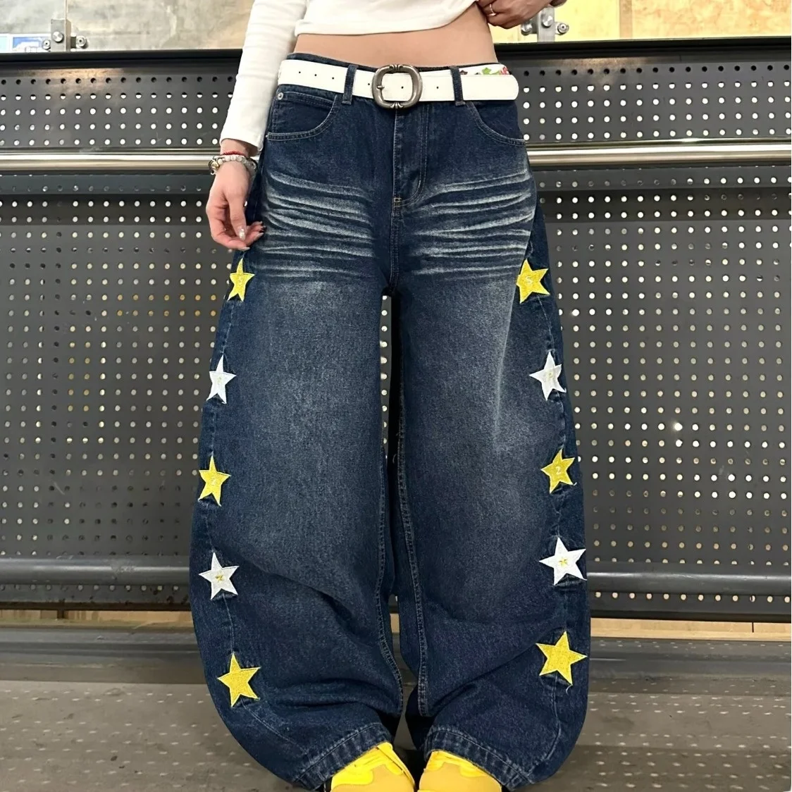 

Летние мужские джинсы большого размера со звездами, свободные широкие брюки с эффектом потертости, повседневные прямые брюки в винтажном стиле из хлопкового денима