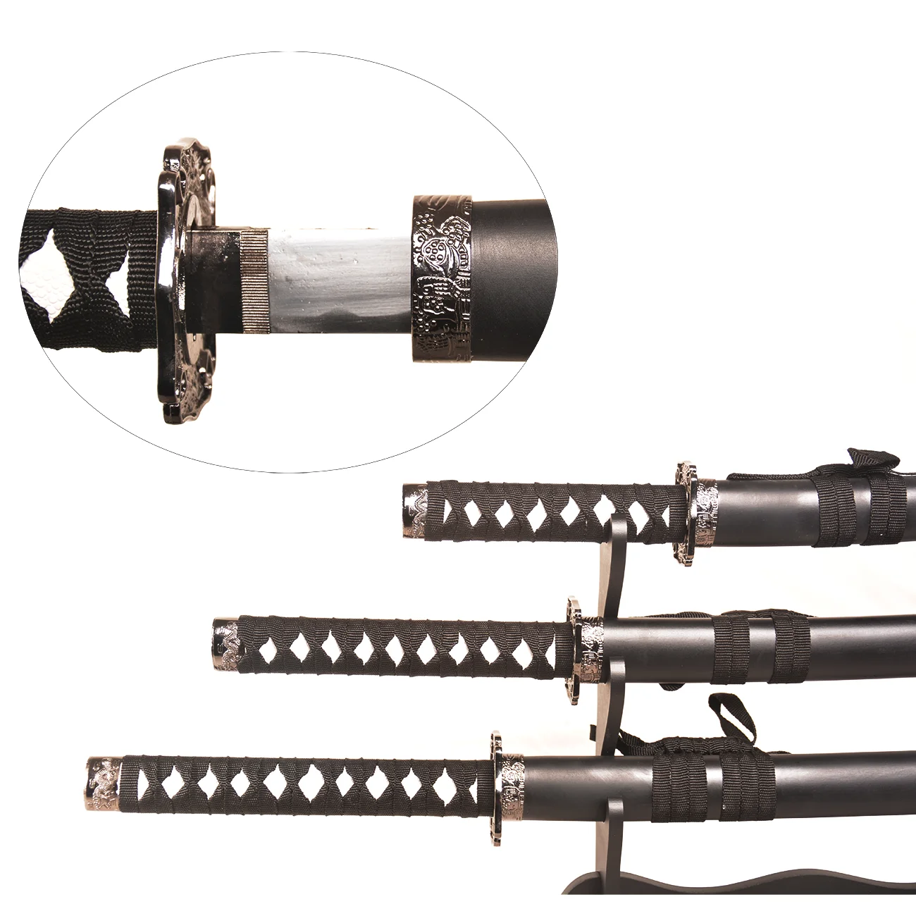 طقم سيف ساموراي أصلي مكون من 3 قطع مع حامل عرض من 3 طبقات - زخرفة "الولاء، العدالة، الشجاعة" المحفورة #2