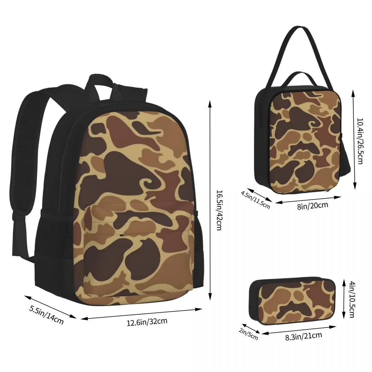 Duck Camo Backpacks Boys Girls Bookbag Children School Bags Cartoon Kids Rucksack Lunch Bag Pen Bag Three-Piece Set