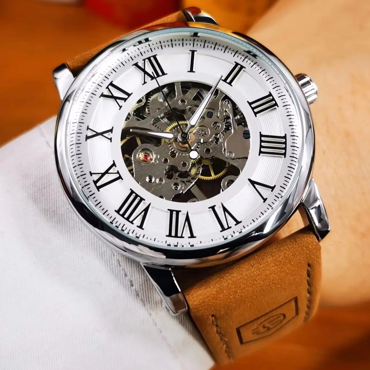 

Forsining Classic Skeleton Hand Winding Watches Luminous Hands Mechanical Watch for Men Brown Leather Strap Business Wristwatch