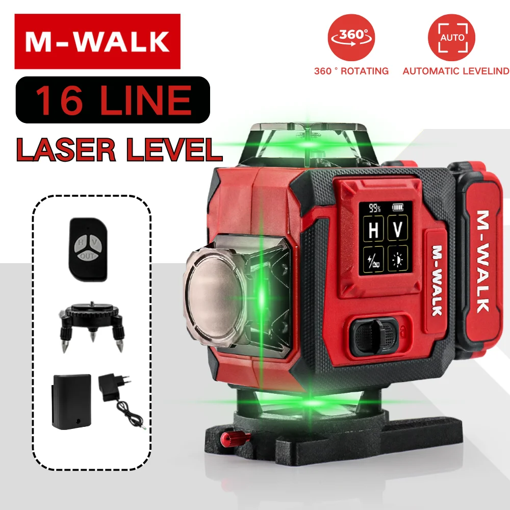 M-WALK Laser Level 16 Lines 4D Horizontal And Vertical Outdoor Self Leveling Green High-precision For Milwaukee 3.7V Battery Pin