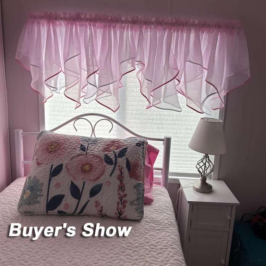 Pink White Staggered Tulle Short Curtains for Kitchens Extra Wide Windows Wavy Ruffled Valance for Doorway Rod Pocket Drapery
