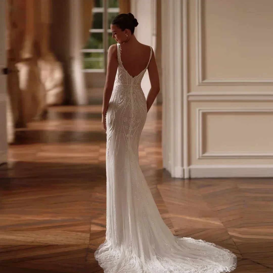 Maßgeschneiderte Meerjungfrau-Brautkleider, ärmellos, überbackene Stickerei, abnehmbare Schleppe, Brautkleid, Vestido De Novia