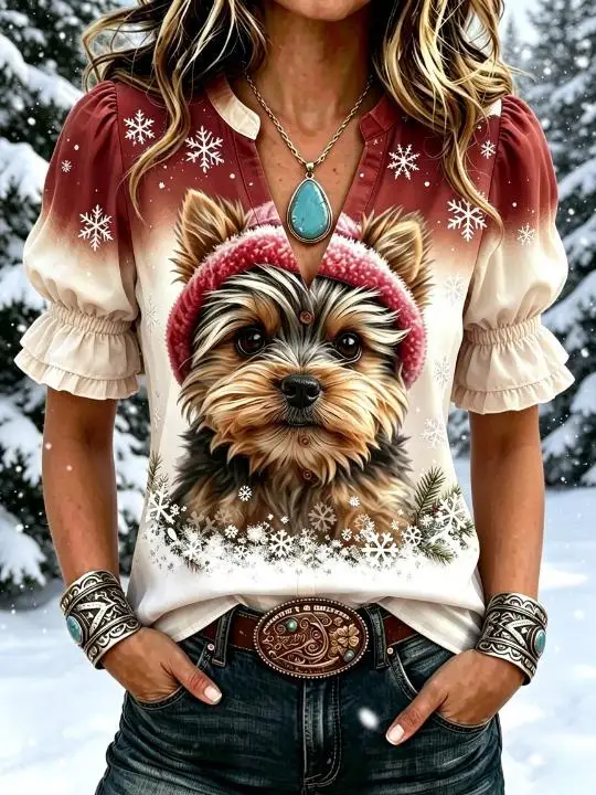 Women Winter Casual Top V‑Neck Half Button Puff Short Sleeve 3D‑Printed Pet Animal Snowflake Gradient Color Daily Holiday Outfit