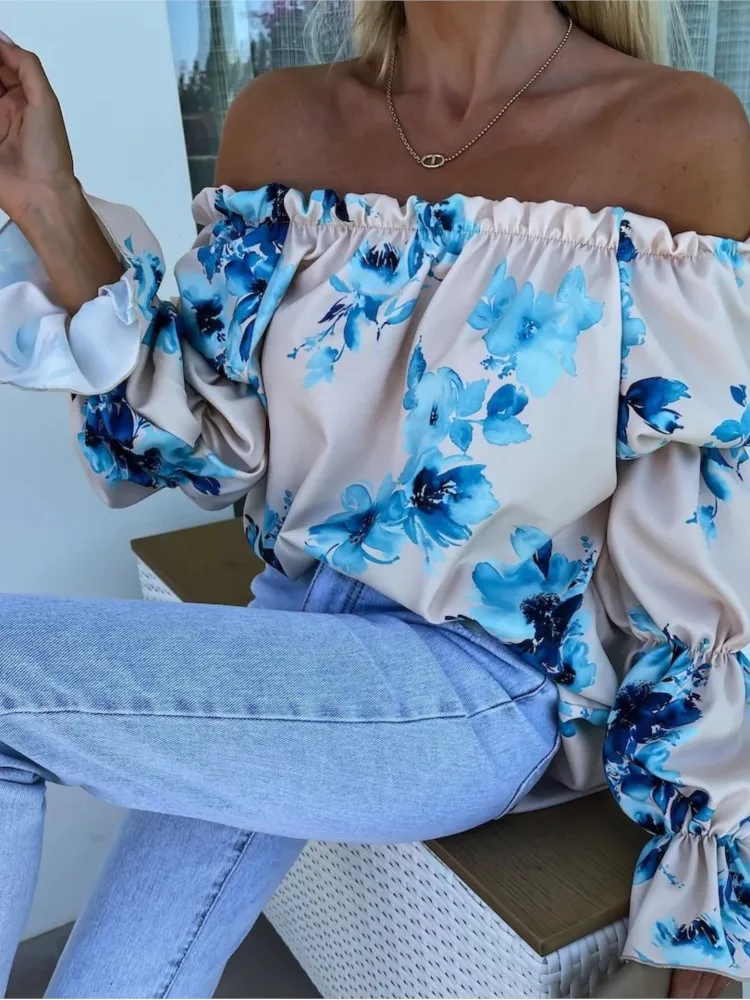 

2024 New Spring Summer Women's Fashion Printed One Piece Neck Sexy Off Shoulder Fashion Loose T-shirt Casual Comfortable Top