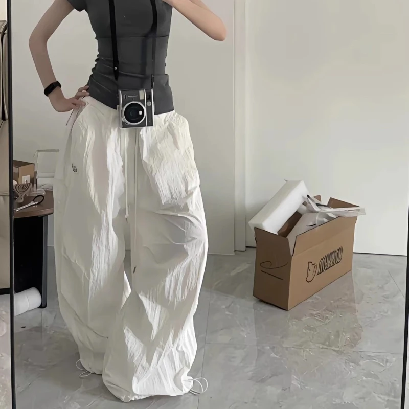 Woman Y2K Parachute White Pants Harajuku Streetwear Embroidery Wide Leg Jogger Trousers Oversized Pockets Baggy Cargo Sweatpants
