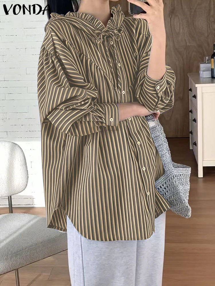 

Plus Size 5XL VONDA Women Fashion Shirts 2025 Autumn Long Sleeve Striped Blouse Hooded Tops Casual Buttons Loose Elegant Blusas