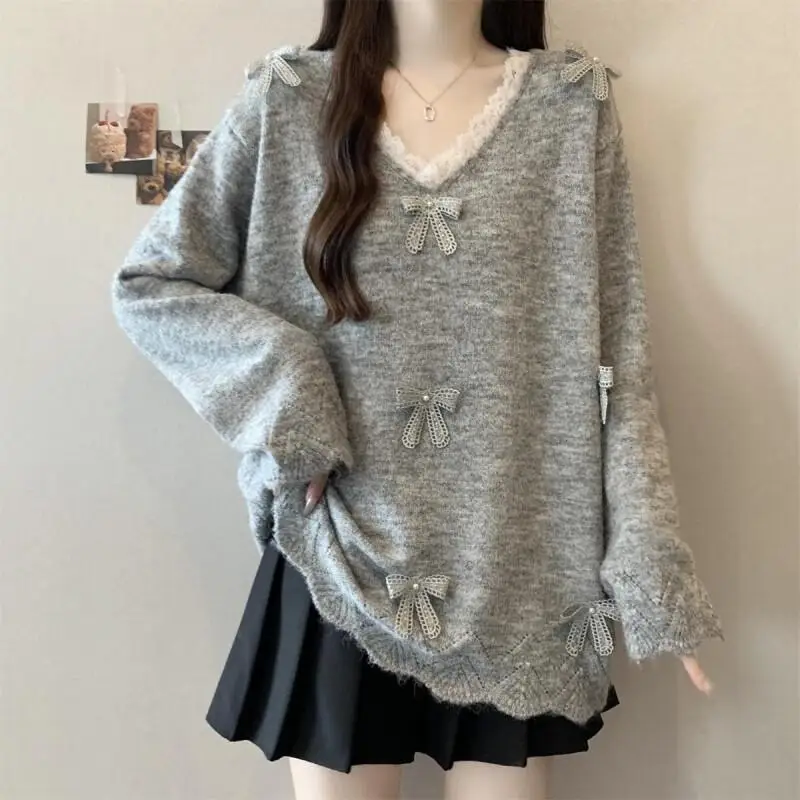 

Женский вязаный свитер большого размера, осенне-зимний, новая модная модель с бантом, с длинным рукавом, свободный, стройнящий, повседневный, элегантный, теплый