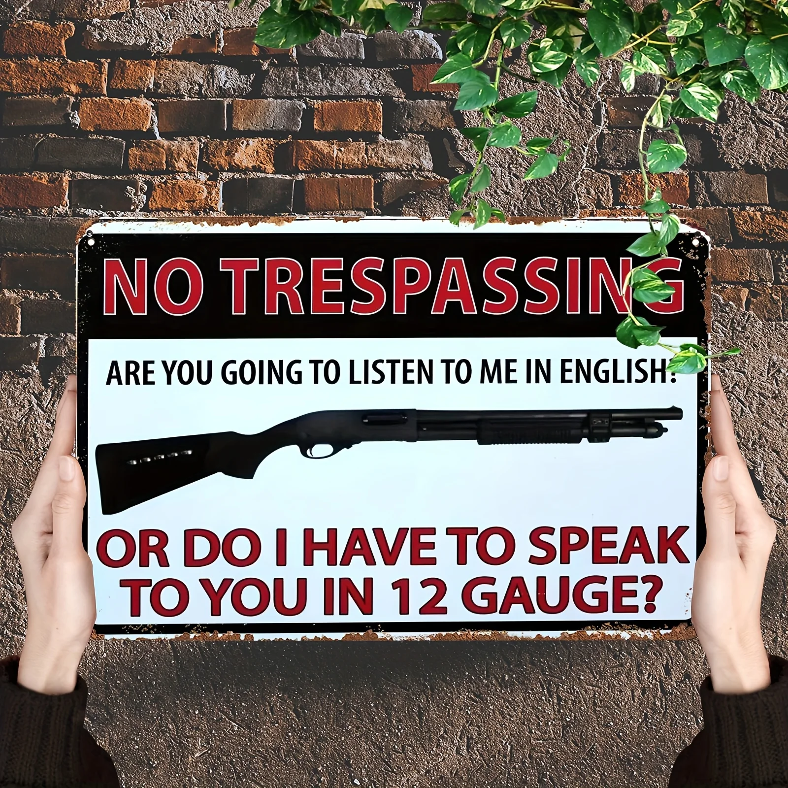 

Rustic Vintage Metal Tin Sign - No Trespassing with Shotgun Graphic, 12 Gauge Humor Art for Home & Garage Decor