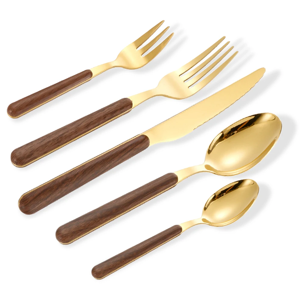 

5Pcs Imitation Wooden Handle Cutlery Set Knife Fork Spoon Tableware Flatware Clamp Stainless Steel Western Dinnerware Set