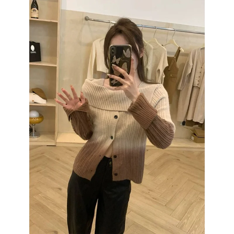 

Осень-зима, новый ленивый стиль, корейский стиль, градиентный кардиган на одно плечо, верхнее пальто, вязаный свитер, топ