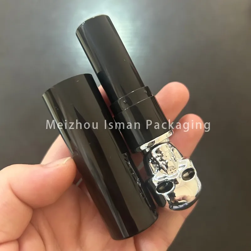50 pçs vazio preto natal dia das bruxas metal tira crânio cabeça batom recipiente de maquiagem tubos de bálsamo labial embalagem de brilho labial