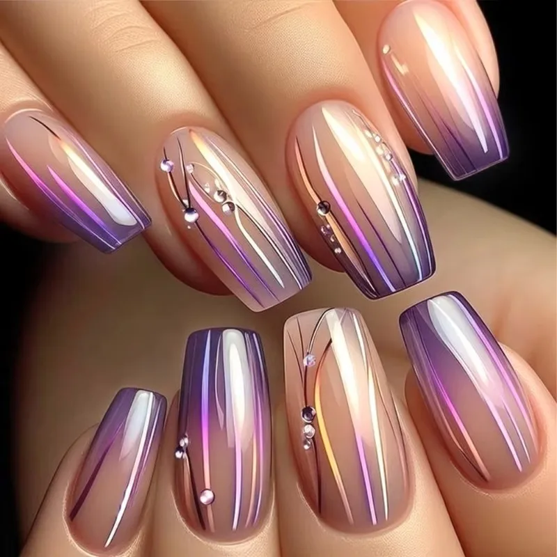 

24Pcs Medium Square Press on Nails Glossy Gradient Design Fake Nails Gold Lines Stripe False Nails Sweet Cool Acrylic Nail Tips