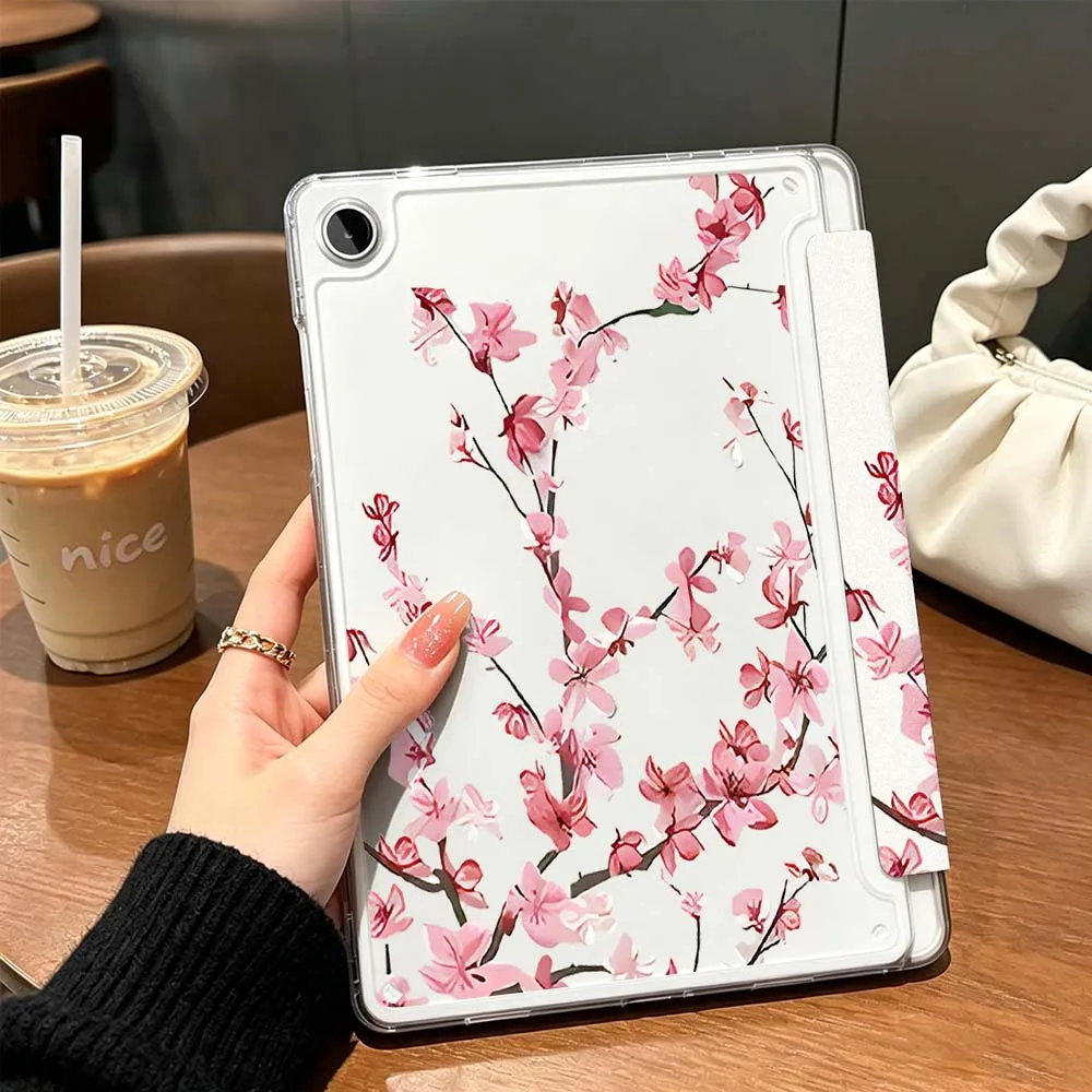Pink Plum Blossom Branch Case For Samsung Galaxy Tab A9 A8 A11 S6 S7 S8 S9 S10 FE Plus Lite Transparent Y-Shaped Folding Tablet