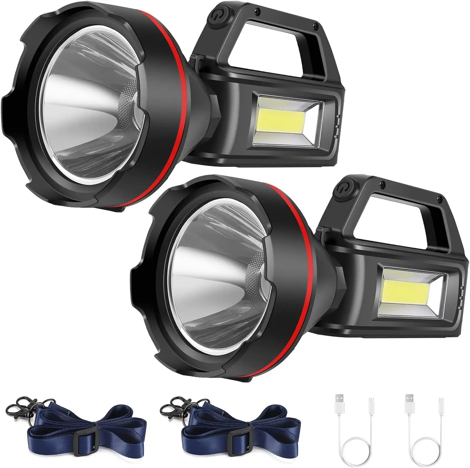 

Rechargeable High-Lumen Flashlight, LED Spotlight with Shoulder Strap & USB Output, Black (Pack of 2)