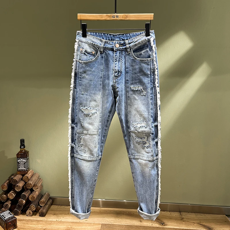 High-end Personality Splicing Raw Edge Hole Men's Jeans Influx Of Elastic Slim Embroidery Patches Small Leg Pants