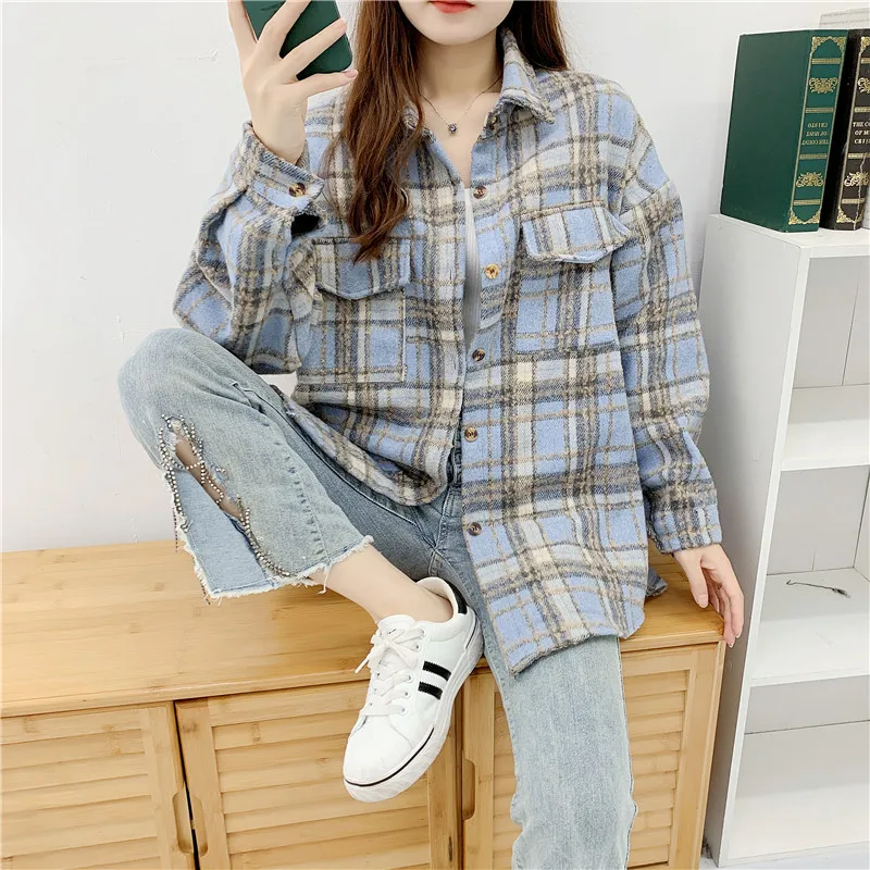 Thick Velvet Plaid Shirts Women Winter Keep Warm Blouses and Tops New Casual Loose Jacket Female Clothes Outwear KN552