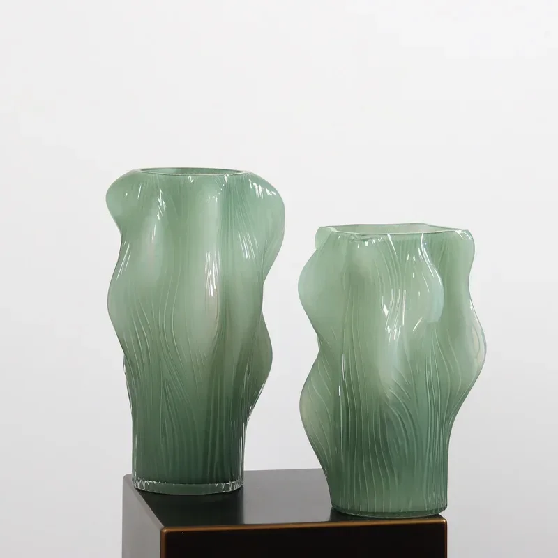 Special-shaped corrugated green handmade glazed vase home soft countertop floral decoration