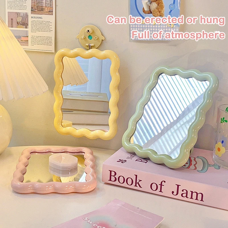 Corrugated Desktop Makeup Mirror Solid Color Simple Portable Handheld Makeup Mirror Foldable Student Compact Cute Mirror