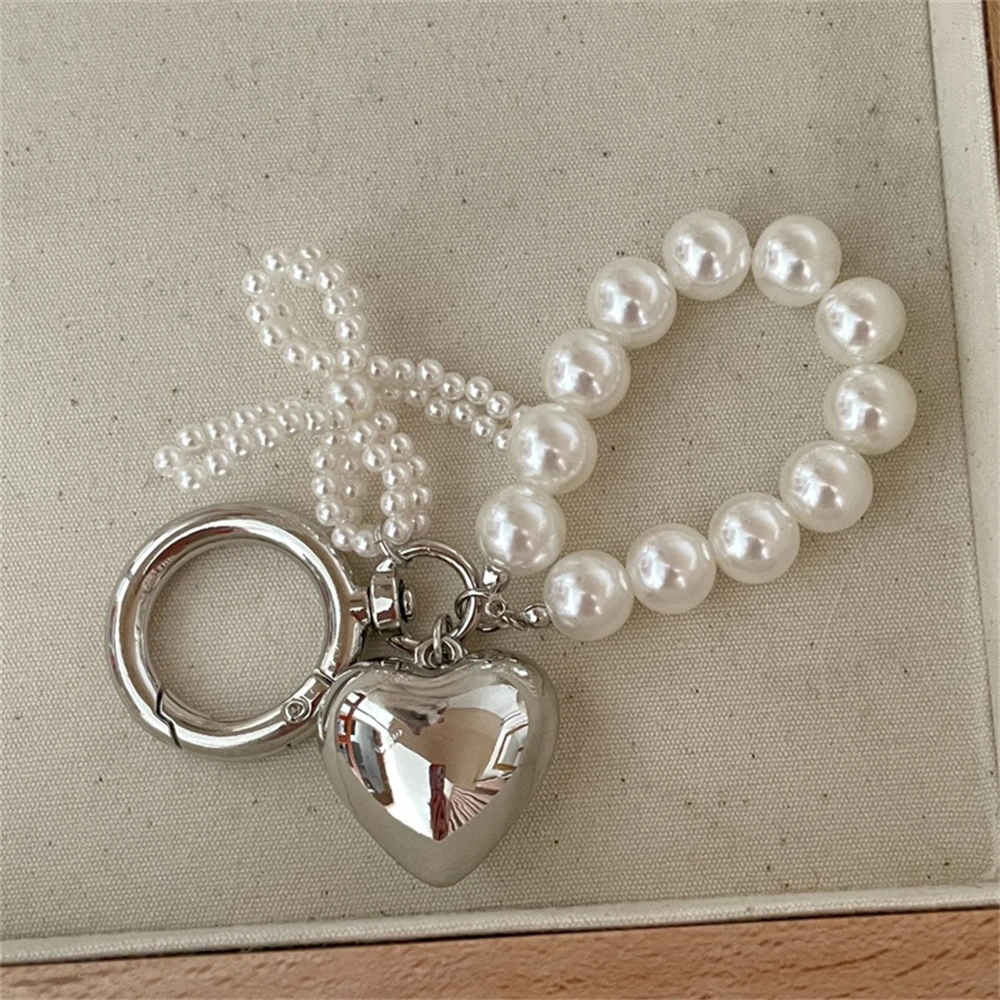 Ins Korean Simpe Heart Bow Pearl Phone Charm Strap Pendant For iPhone Samsung Accessrioes Bag Keyring Woman Chain Hanging Rope